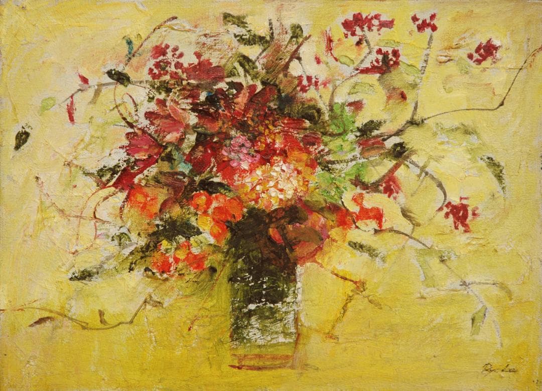 油絵 菅家令子 絵 絵画インテリア 額付(青緑＋金色の枠)F4-070702 花