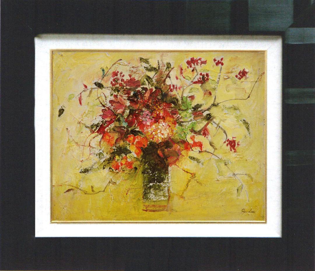 油絵 菅家令子 絵 絵画インテリア 額付(青緑＋金色の枠)F4-070702 花