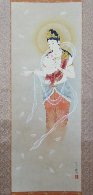 Ｂフライデー　肉筆掛軸★鈴木優莉作 花ひら観音 尺五立★高さ：約189cm