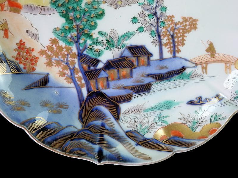 古伊万里　色絵　朝日に山水の図　7寸半皿　B295A-CQc