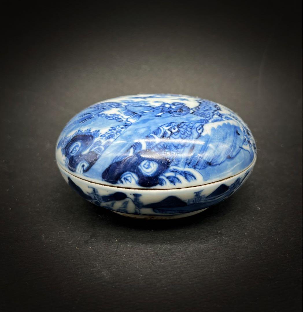 中国美術 古玩 青花染付 乾隆年製 爵禄封侯 山水紋樣 蓋合 古道具