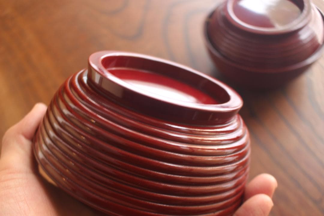 極小保管傷のみ！深みある糸目紅溜塗に極上稲穂福来雀蒔絵のお椀2点（検輪島塗雑煮椀