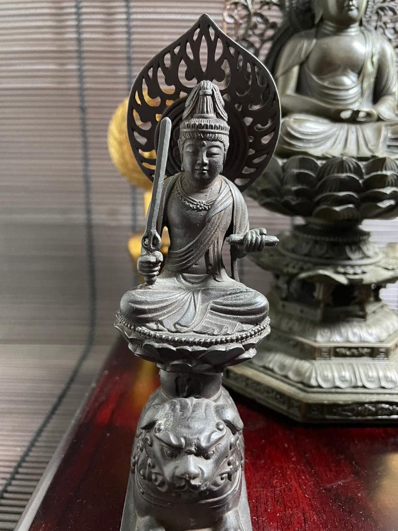 『釈迦三尊像　釈迦如来　普賢菩薩　文殊菩薩』ブロンズ 唐金　　在銘　高さ22cm