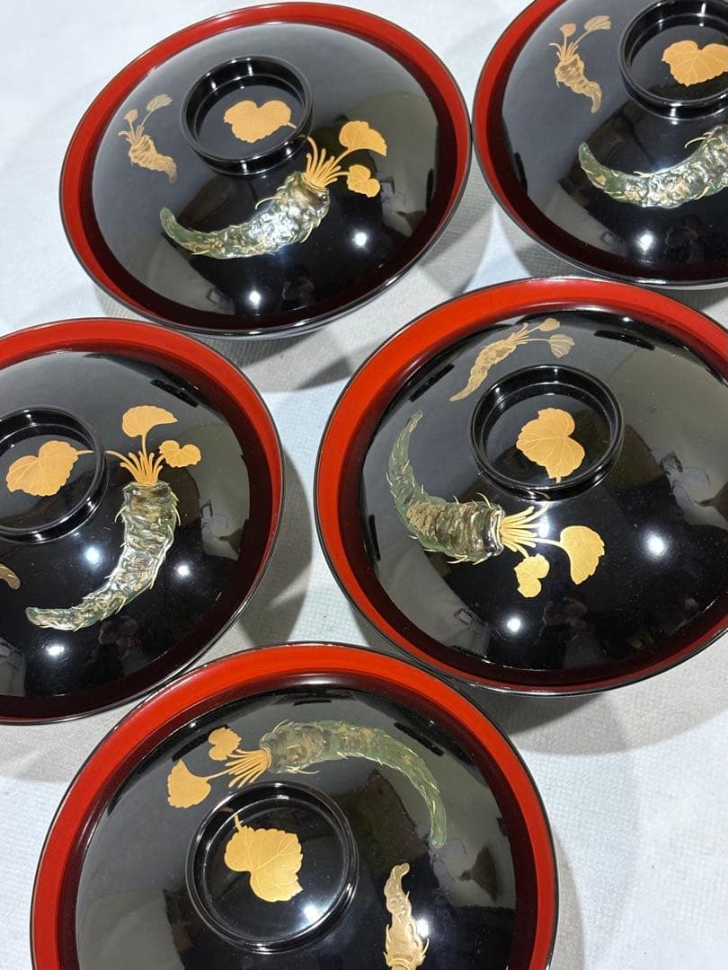 輪島塗　天然木　わさび蒔絵 煮物椀 五客　美品　茶道　懐石　送料込