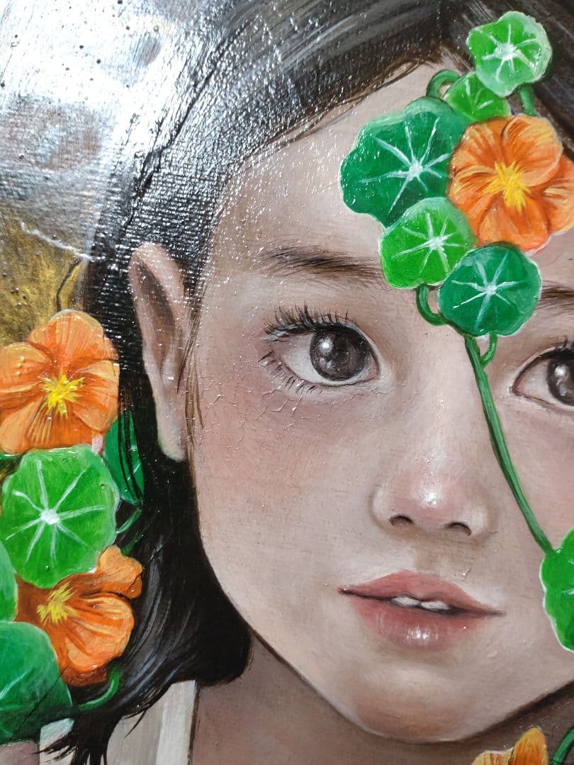 少女の油絵【金蓮花】1点物の原画◆作者サイン入り/F3号キャンバス