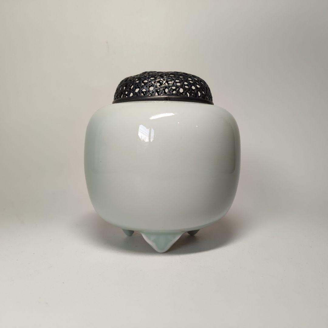 初代　涌波蘇嶐造　青瓷芦垣香炉　純銀火屋　（諏訪蘇山）