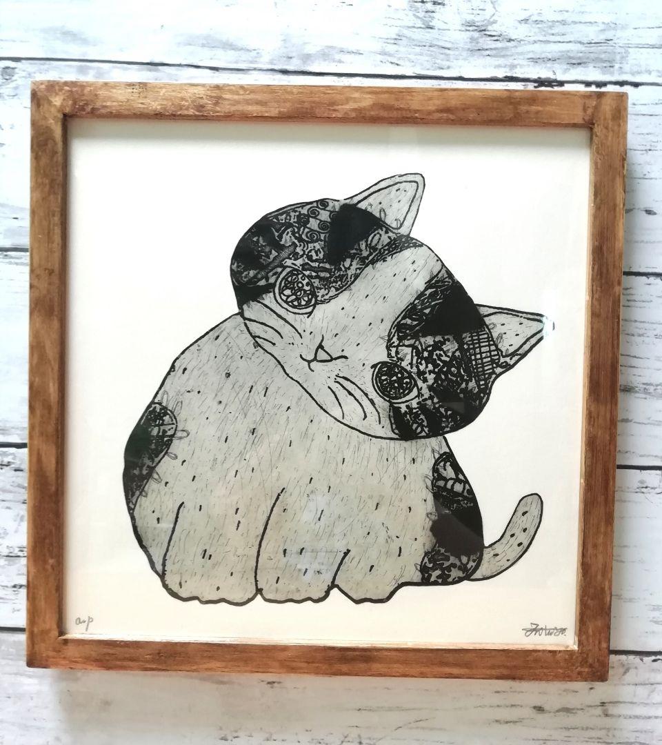 迷い込んだニャンニャンニャン、よりそい猫　額縁ご確認アンティークwaxベージュ