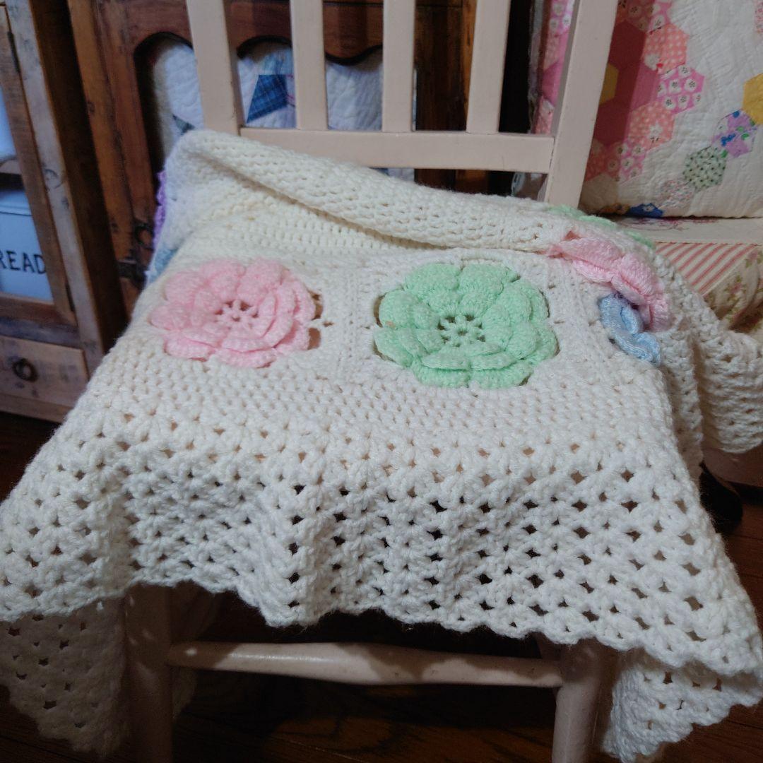 ヴィンテージ、ポコポコお花のブランケット