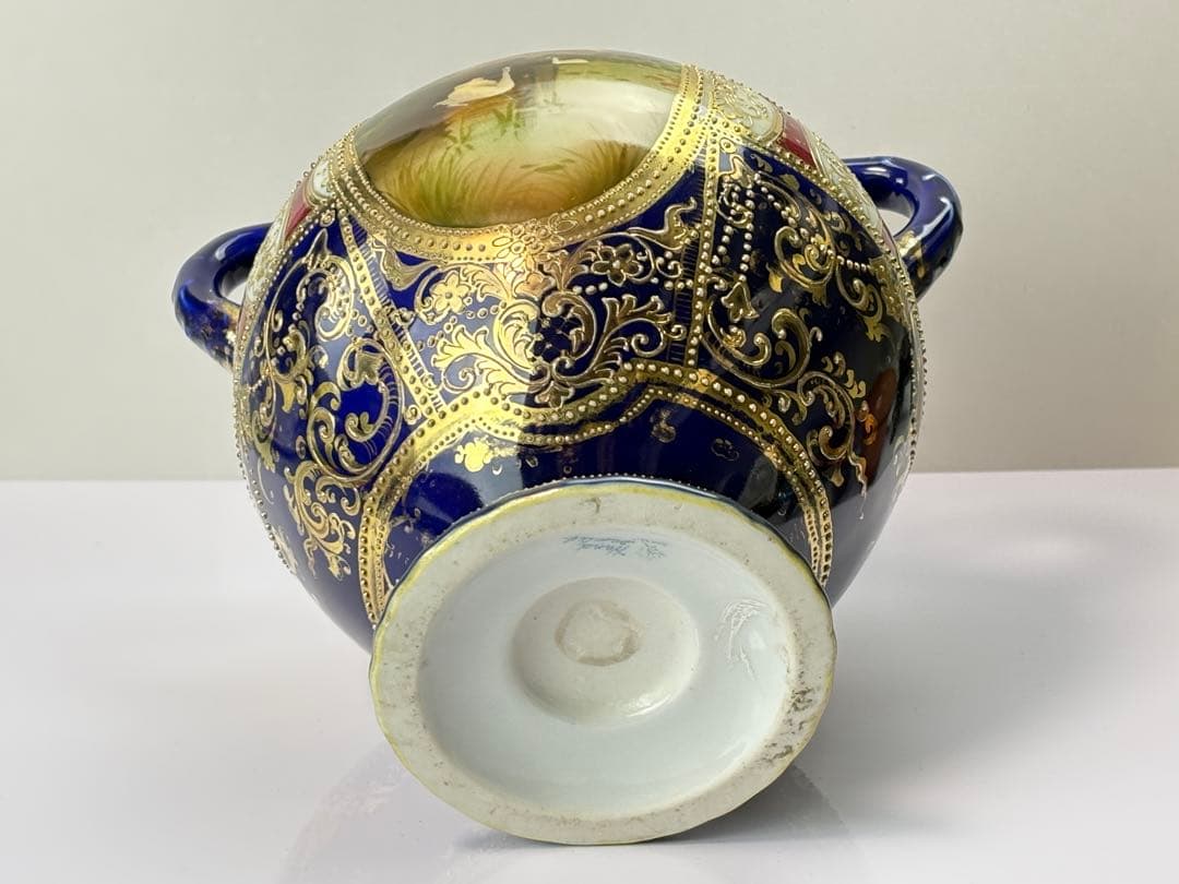 里帰り オールド ノリタケ コバルト 金盛湖畔白鳥図 双耳花瓶 R71123-4