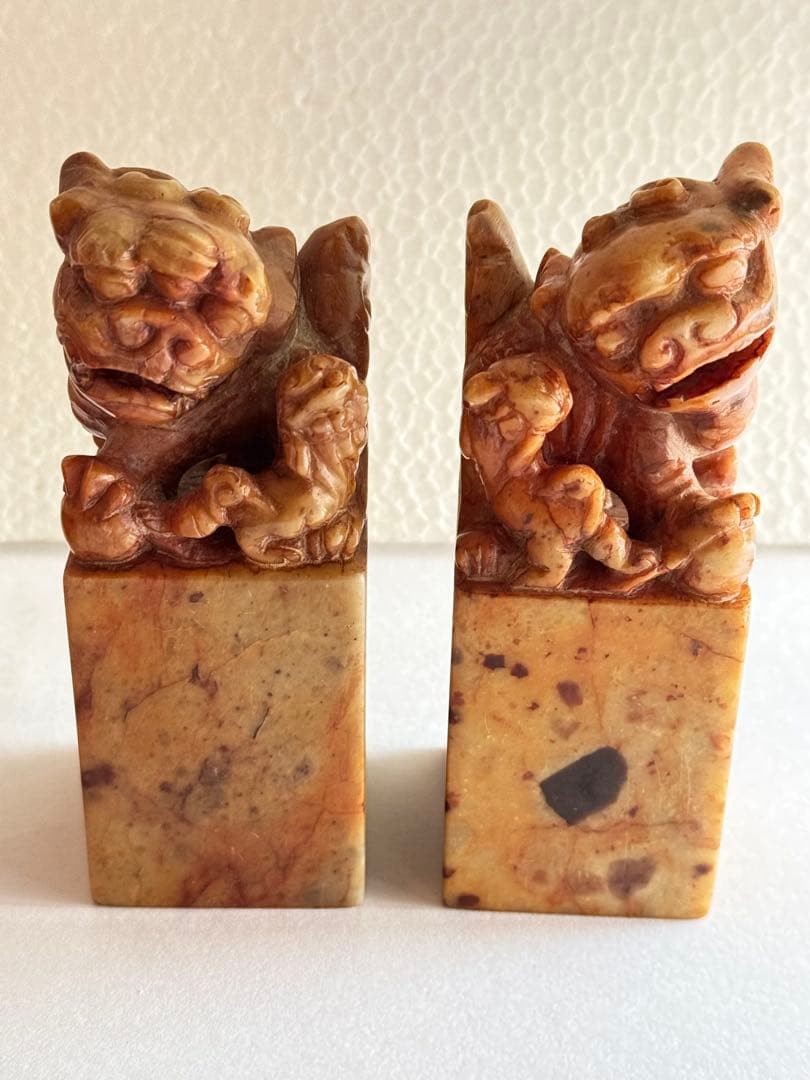 【希少】獅子鈕紅芙蓉橙石印材　印石　印材　中国　2個セット　箱入り