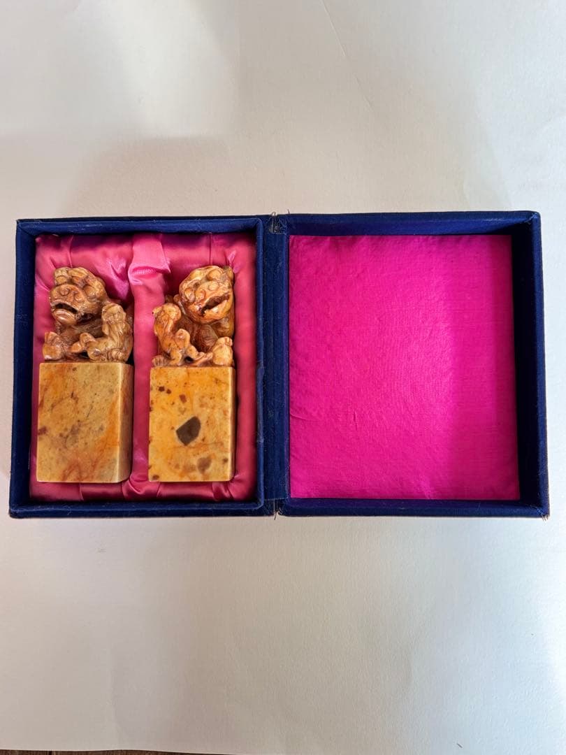 【希少】獅子鈕紅芙蓉橙石印材　印石　印材　中国　2個セット　箱入り