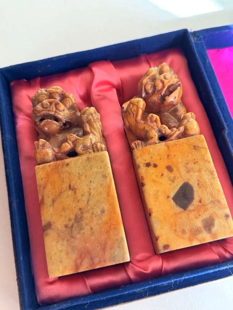 【希少】獅子鈕紅芙蓉橙石印材　印石　印材　中国　2個セット　箱入り