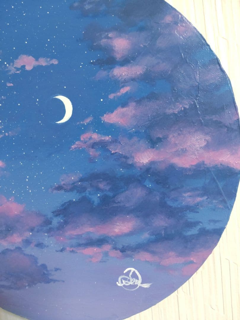 空の油絵【今宵の紅】1点物の原画◆作者サイン入り/円型キャンバス油彩画