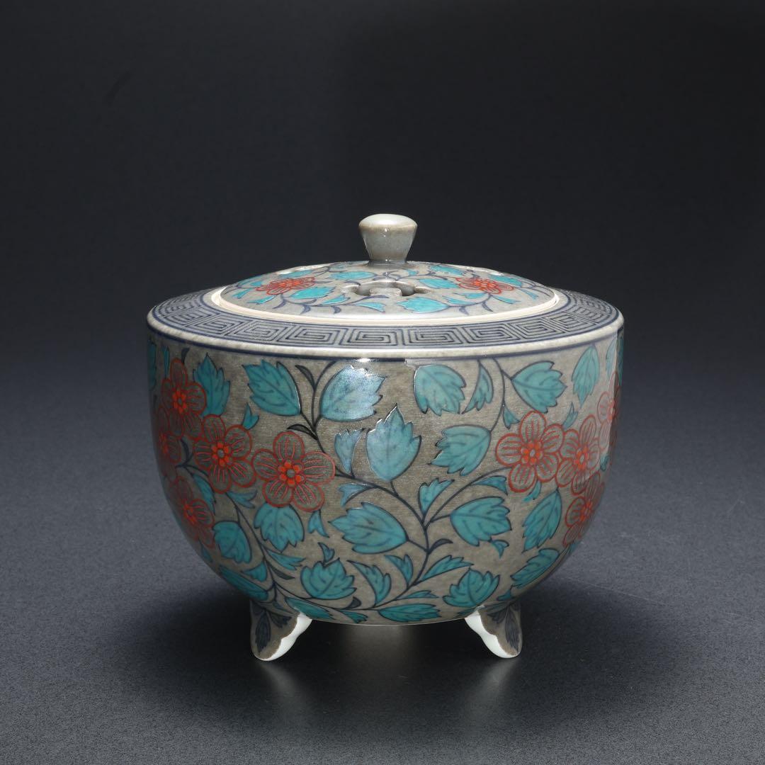 十三代今泉今右衛門　色絵薄墨草花更紗文香炉　共箱　人間国宝　R1670お7