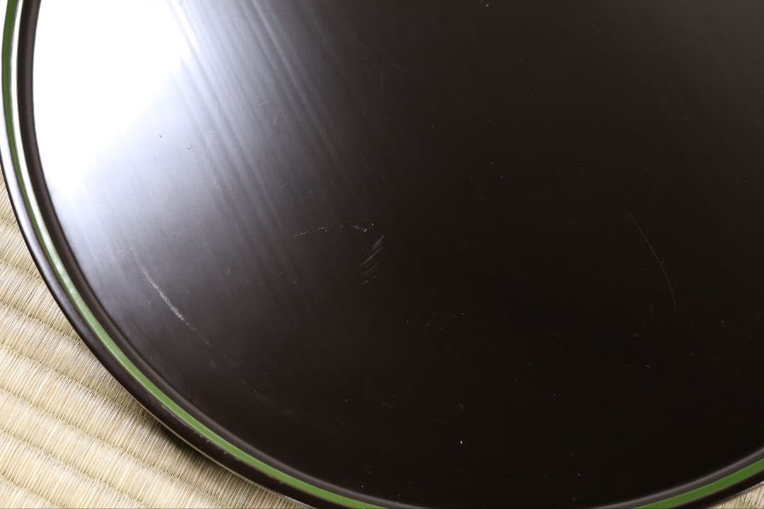 輪島塗 本堅地 黒塗 縁青漆 足付 丸膳 37.8cm 三客 木製【CM384