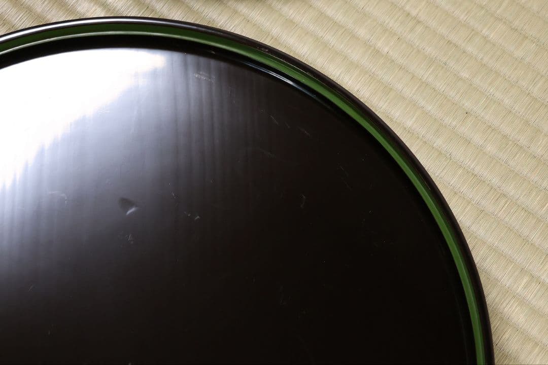 輪島塗 本堅地 黒塗 縁青漆 足付 丸膳 37.8cm 三客 木製【CM384