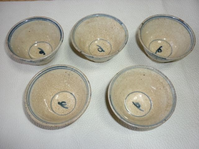 ◆希少美品 1880年頃（明治時代！古曽部焼き 素朴な染付 ぐいみ/お猪口 5客