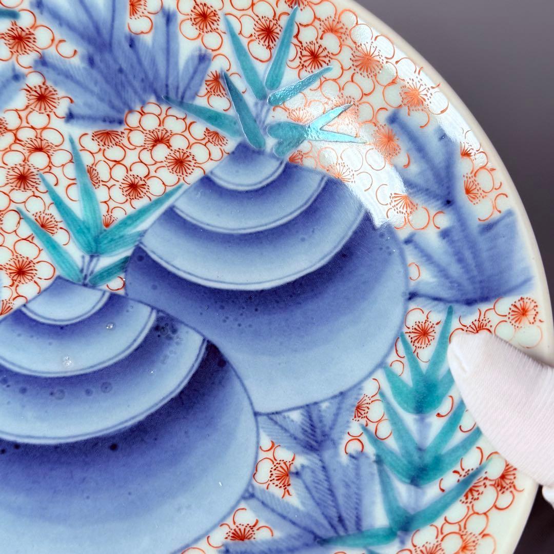 後期鍋島　献上品　色絵宝珠文高台皿　櫛文様高台　共箱　赤絵　桜文様