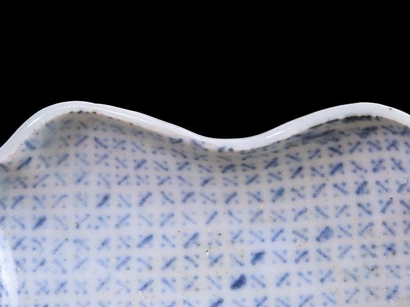 古伊万里　染付　型刷印判　幾何学文様の図　変形皿　E578 AS-CWh