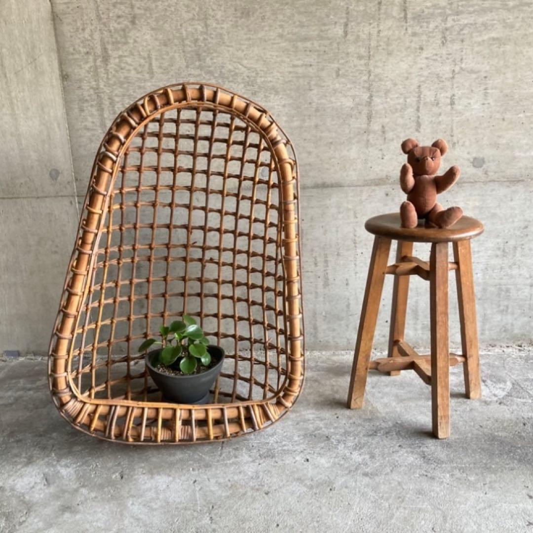 大きな竹籠 かご バスケット ハンキング 大型 竹製 古道具 インテリア レトロ