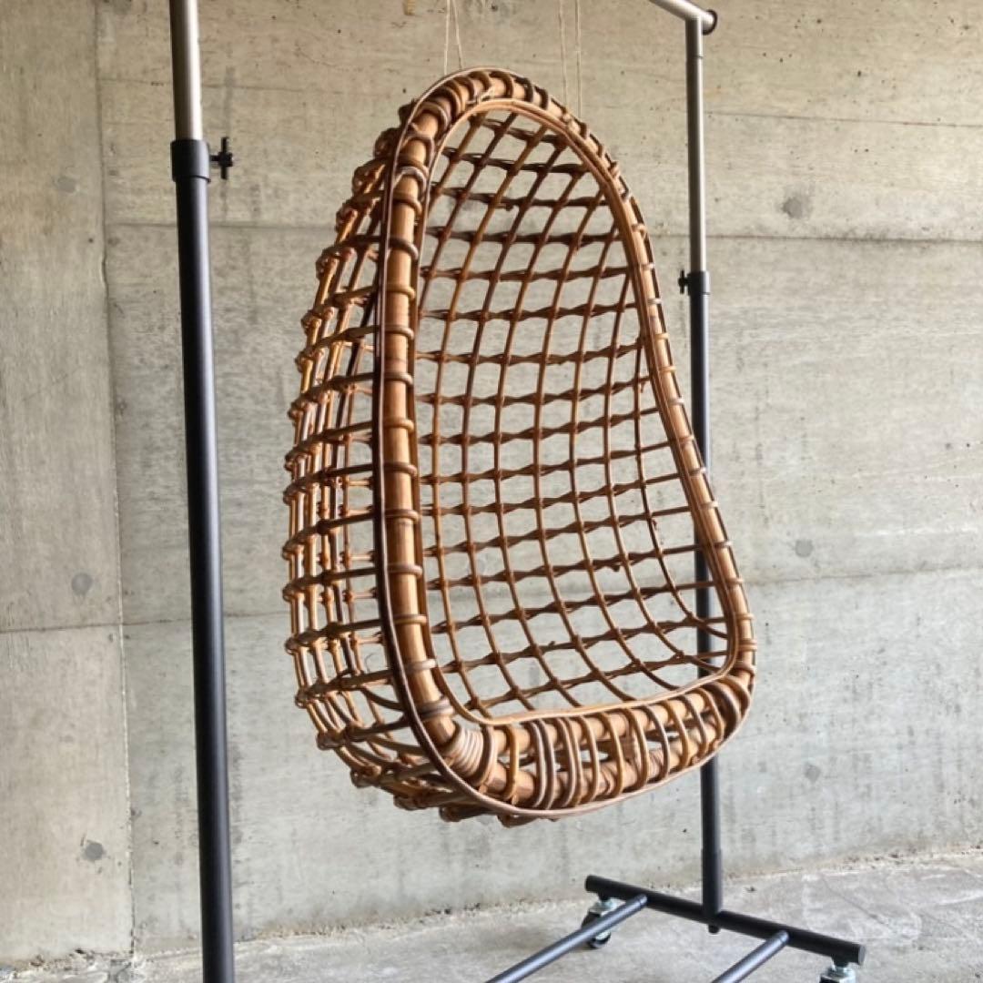 大きな竹籠 かご バスケット ハンキング 大型 竹製 古道具 インテリア レトロ