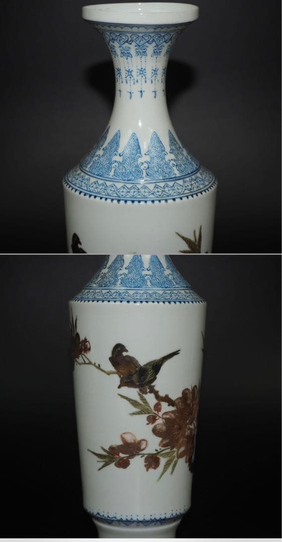 送料無料　1950～60年代景徳鎮製薄胎花瓶　手描き 画於珠山 中国名磁　共箱