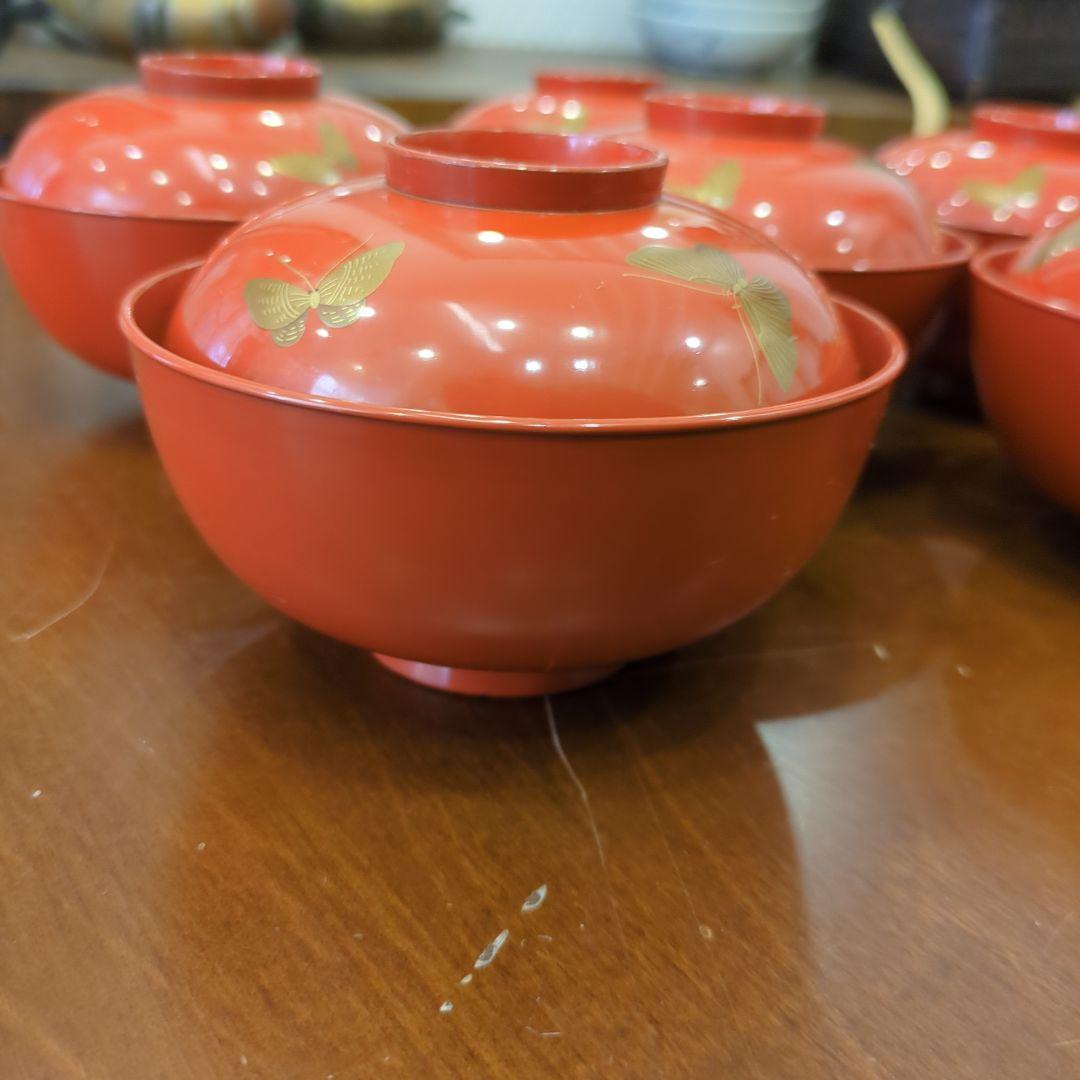 骨董　お椀　木製漆器　蒔絵　図変わり　花尽くし　蓋付き　6客