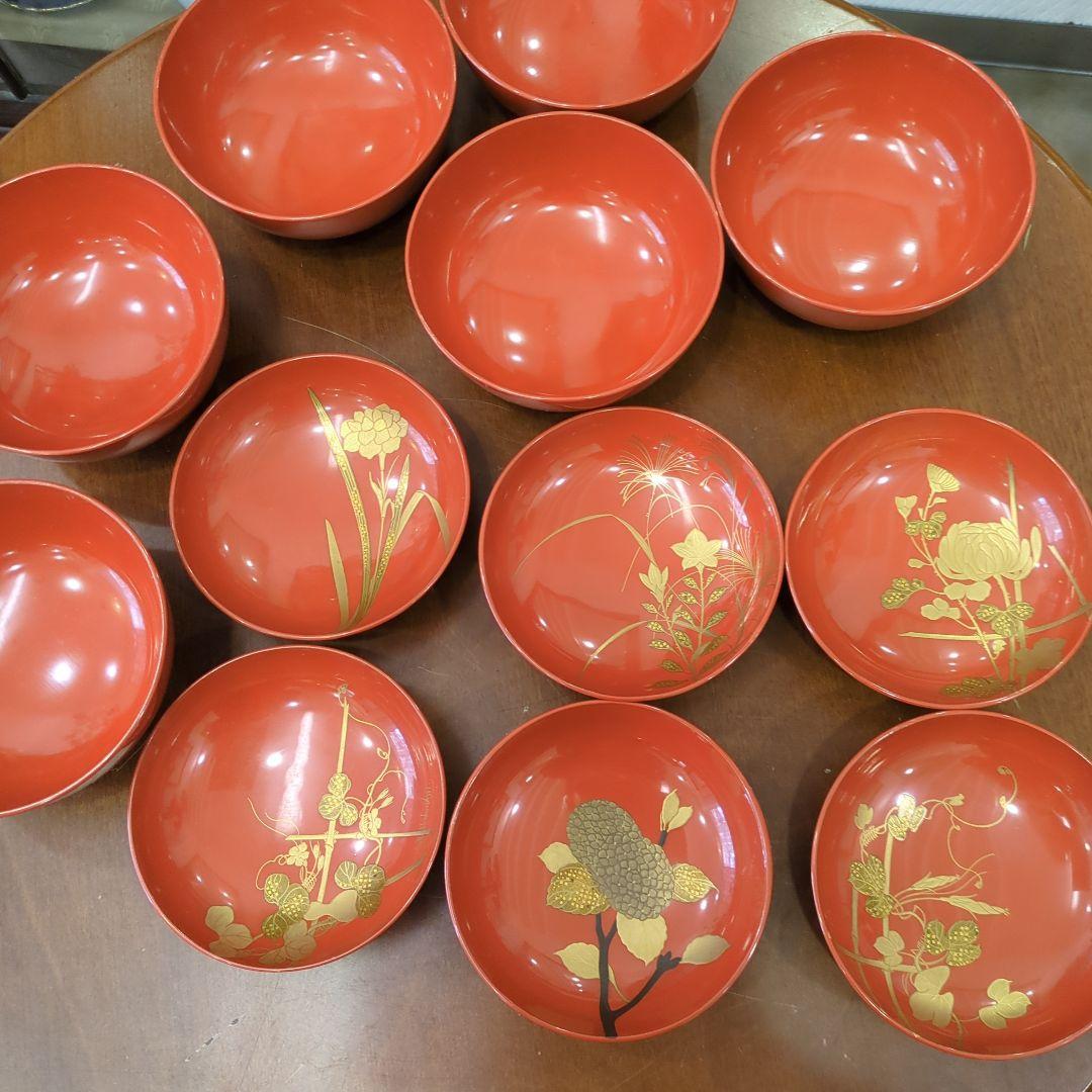 骨董　お椀　木製漆器　蒔絵　図変わり　花尽くし　蓋付き　6客