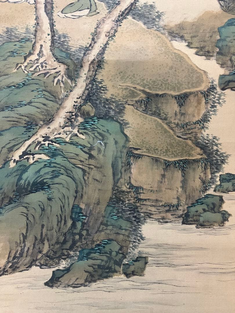 掛軸　諏訪部直亭［青緑山水人物の図］絹本　信州の画家　木箱無！