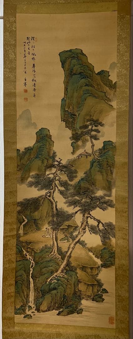 掛軸　諏訪部直亭［青緑山水人物の図］絹本　信州の画家　木箱無！