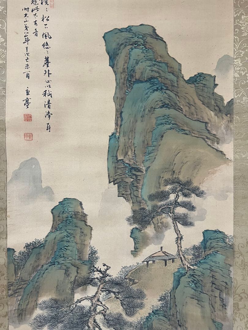 掛軸　諏訪部直亭［青緑山水人物の図］絹本　信州の画家　木箱無！