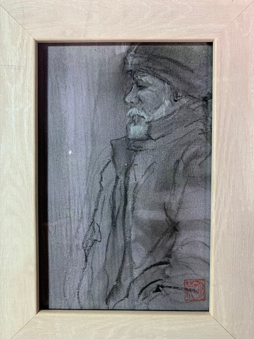 黒コンテ　デッサン　原画　ポストカードサイズ　額縁