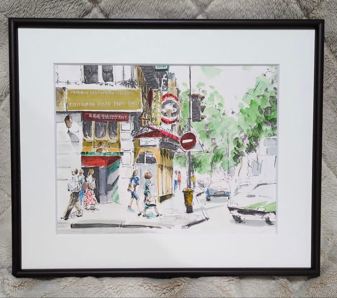 櫻井幸雄・パリ紀行「街角のレストラン」手彩画