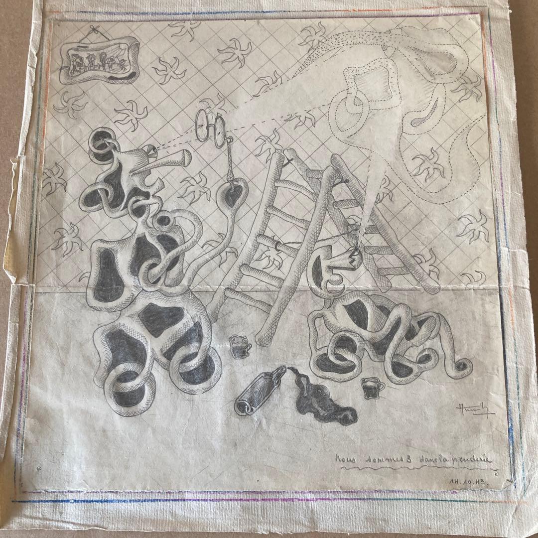 1943年unknown drawing シュールレアリズム　ビンテージパリ画家