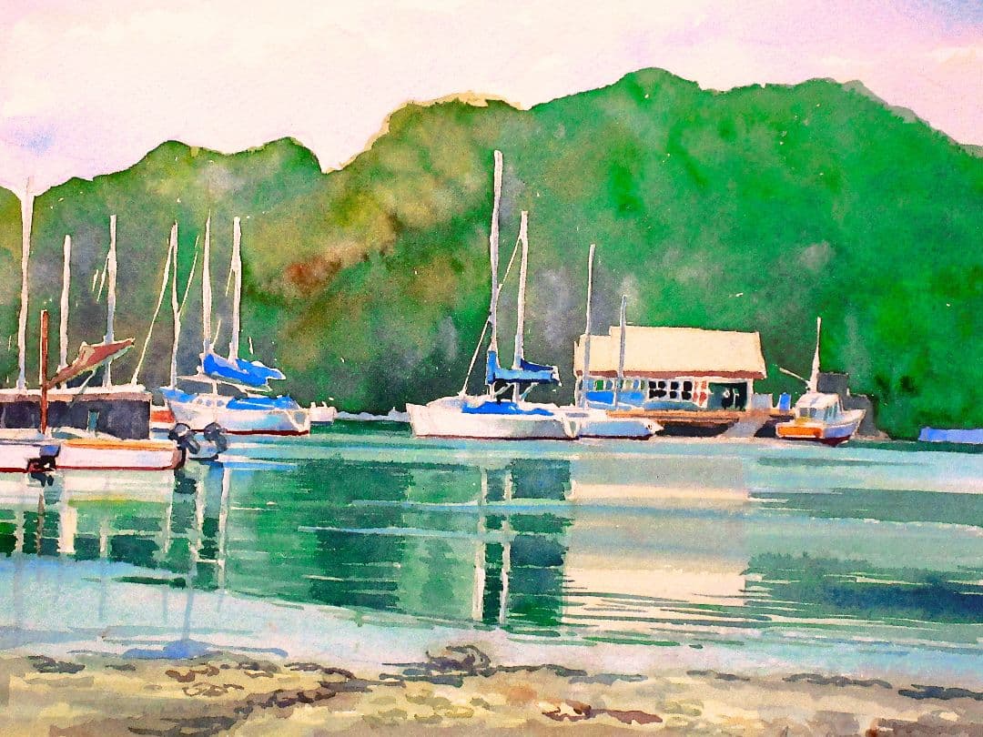 水彩画 (小網代湾)額装済み