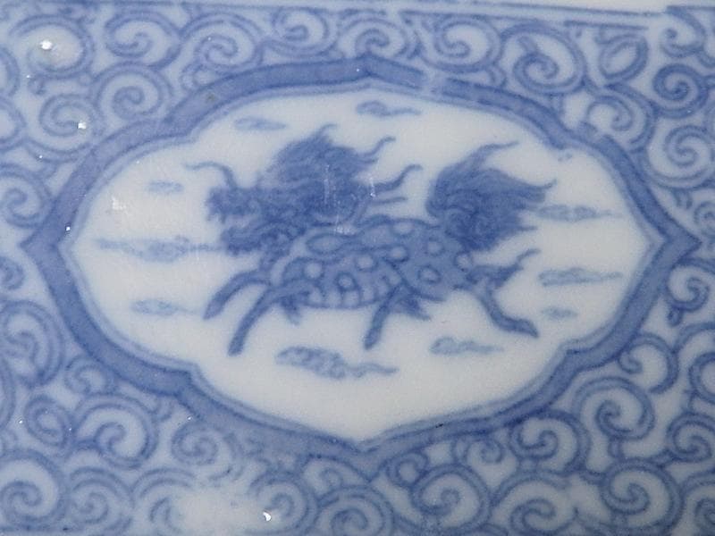 伊万里　瀬戸　染付　印判　鳳凰に麒麟の図　油壷　E416AS-fbko