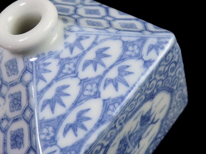 伊万里　瀬戸　染付　印判　鳳凰に麒麟の図　油壷　E416AS-fbko