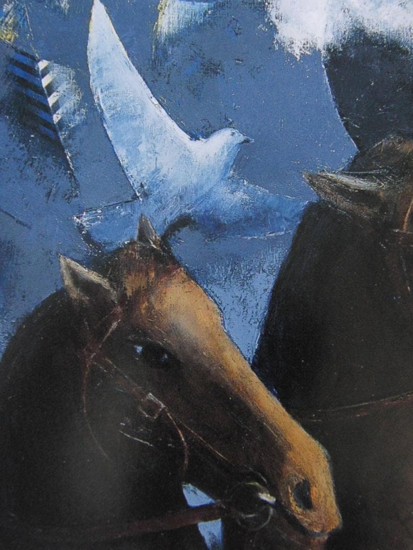 栗林今朝男、【騎乗近し】、希少な額装用画集より、新品額装付