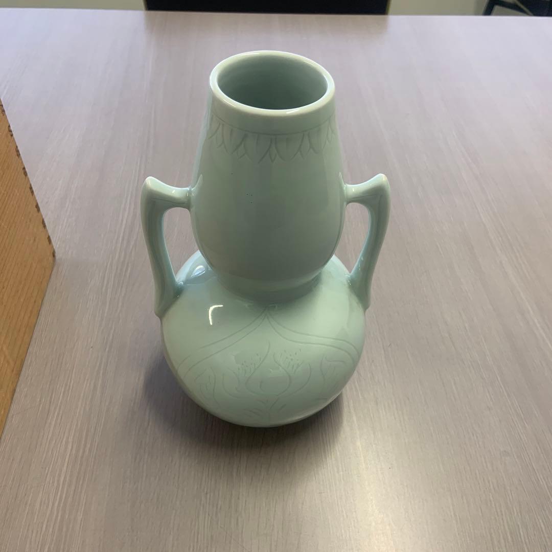 淡い青色 陶器 花瓶 気根 付属 木箱