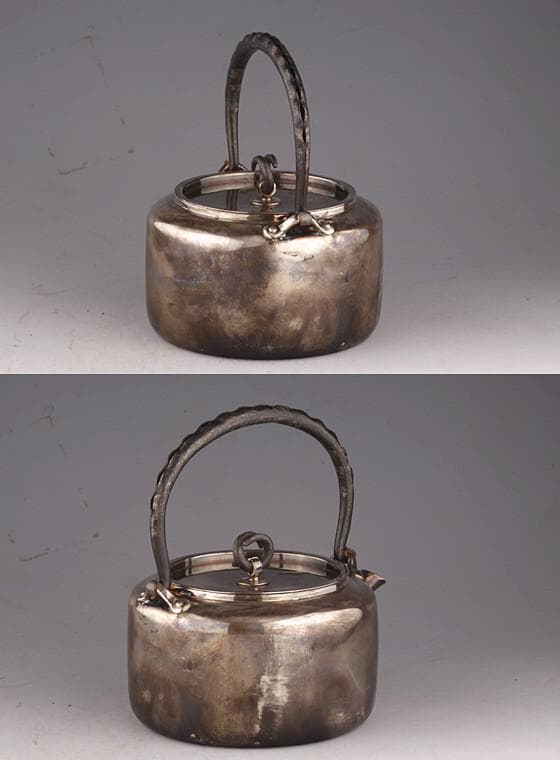 ◆北村靜香 造 銀瓶 純銀 南鐐平安形瓶 鉄の釣手◆検）真鍋静良 光玉堂 鉄瓶