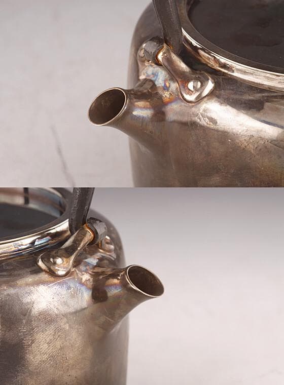 ◆北村靜香 造 銀瓶 純銀 南鐐平安形瓶 鉄の釣手◆検）真鍋静良 光玉堂 鉄瓶