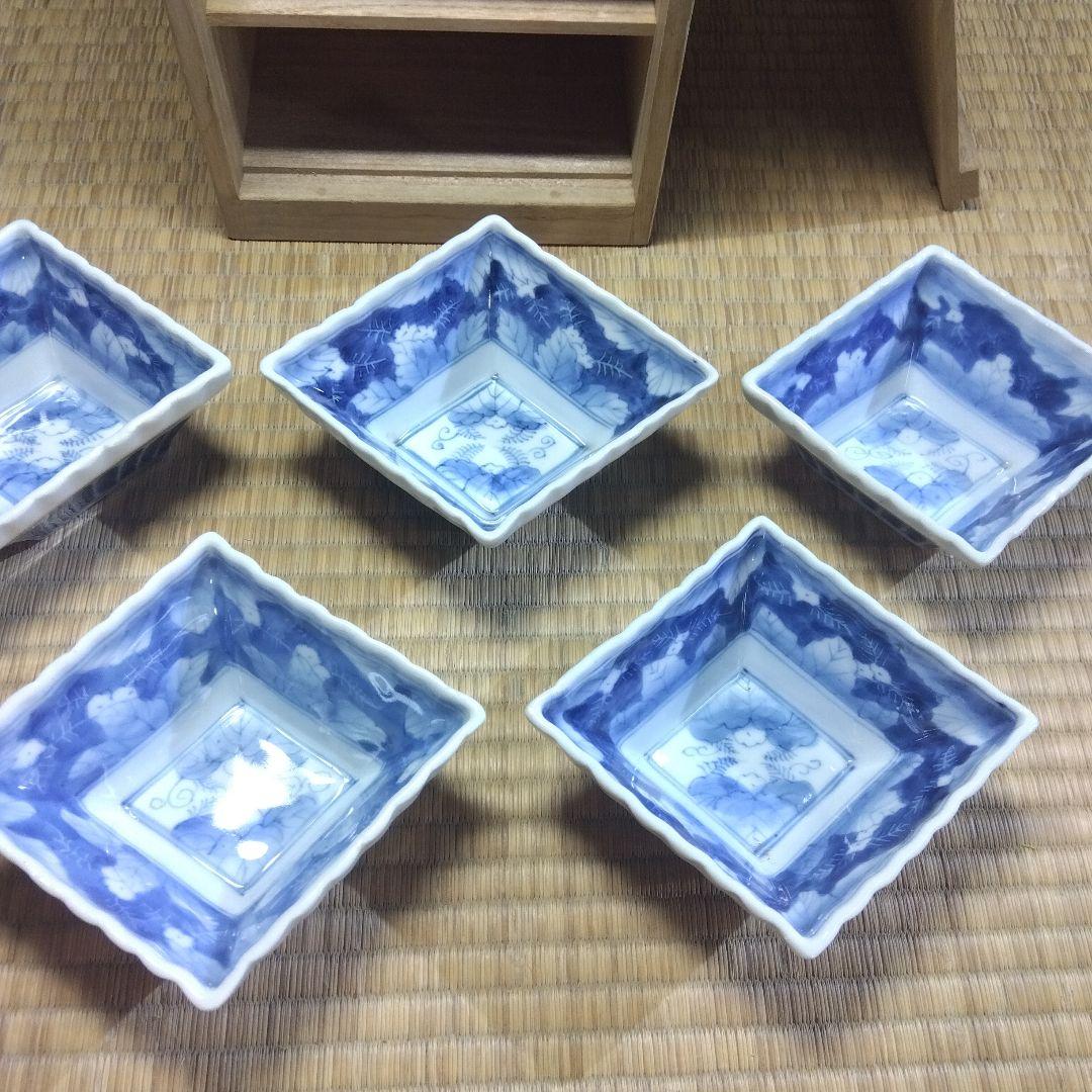 古伊万里　染付輪花菱形向付５客　お店使い　会席　美品　箱入