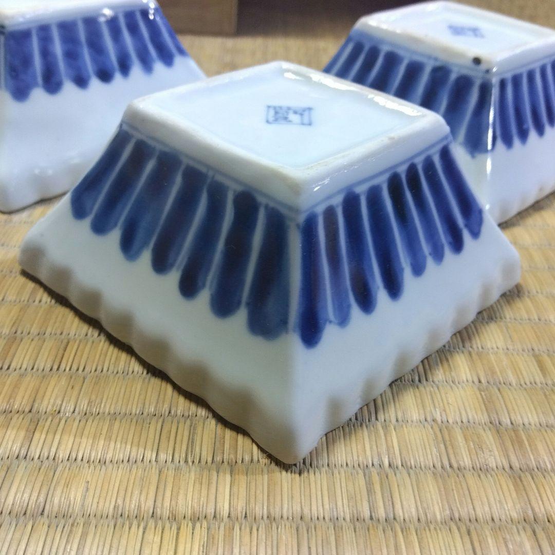 古伊万里　染付輪花菱形向付５客　お店使い　会席　美品　箱入