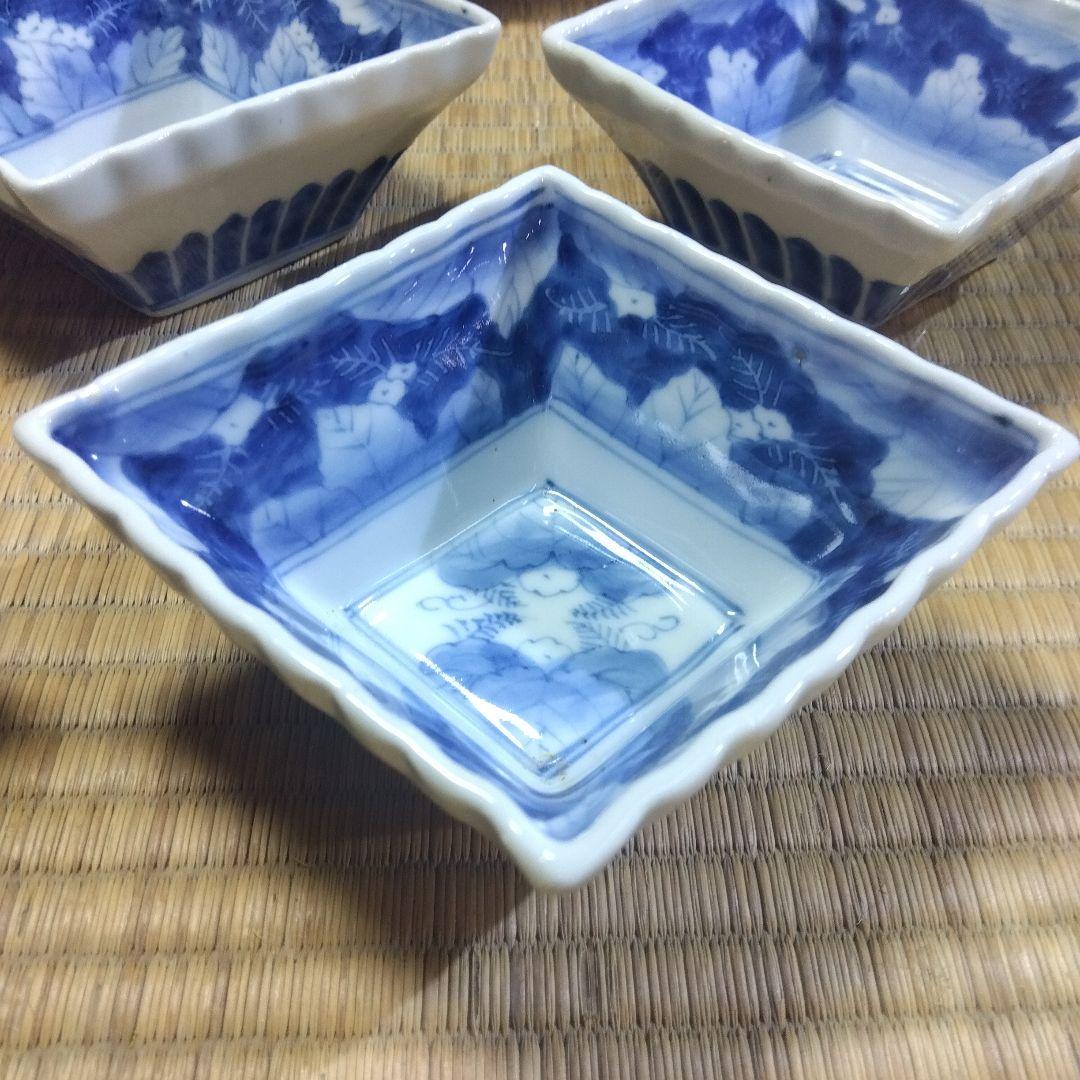 古伊万里　染付輪花菱形向付５客　お店使い　会席　美品　箱入