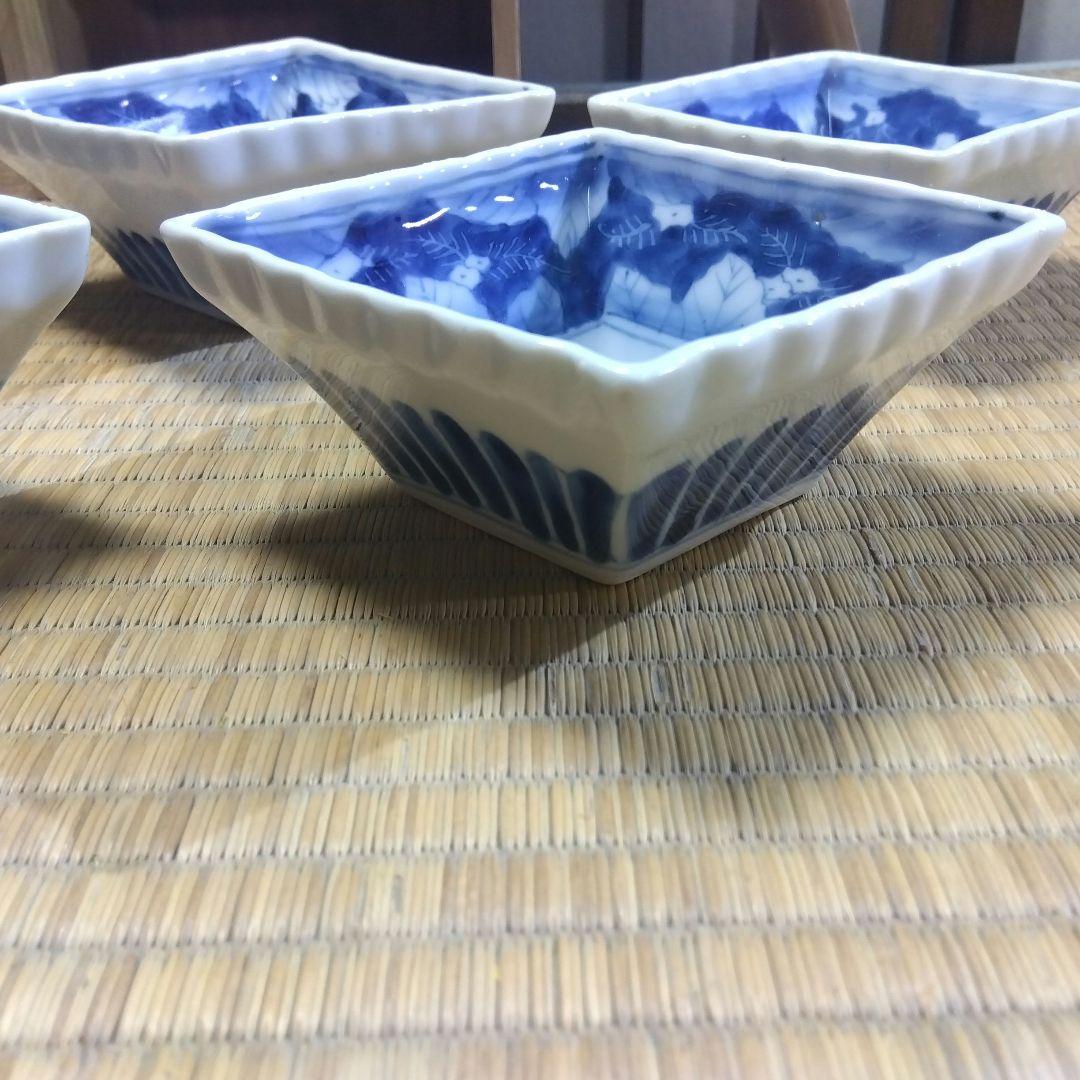 古伊万里　染付輪花菱形向付５客　お店使い　会席　美品　箱入