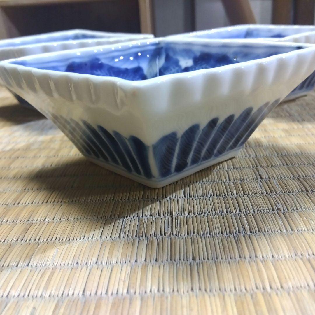 古伊万里　染付輪花菱形向付５客　お店使い　会席　美品　箱入