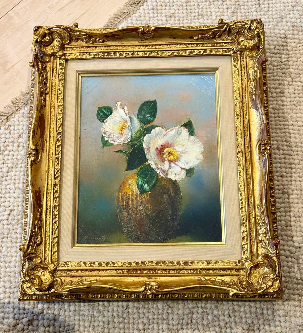 赤松克巳「備前の椿」油彩画 额装 静物花卉作品 #104