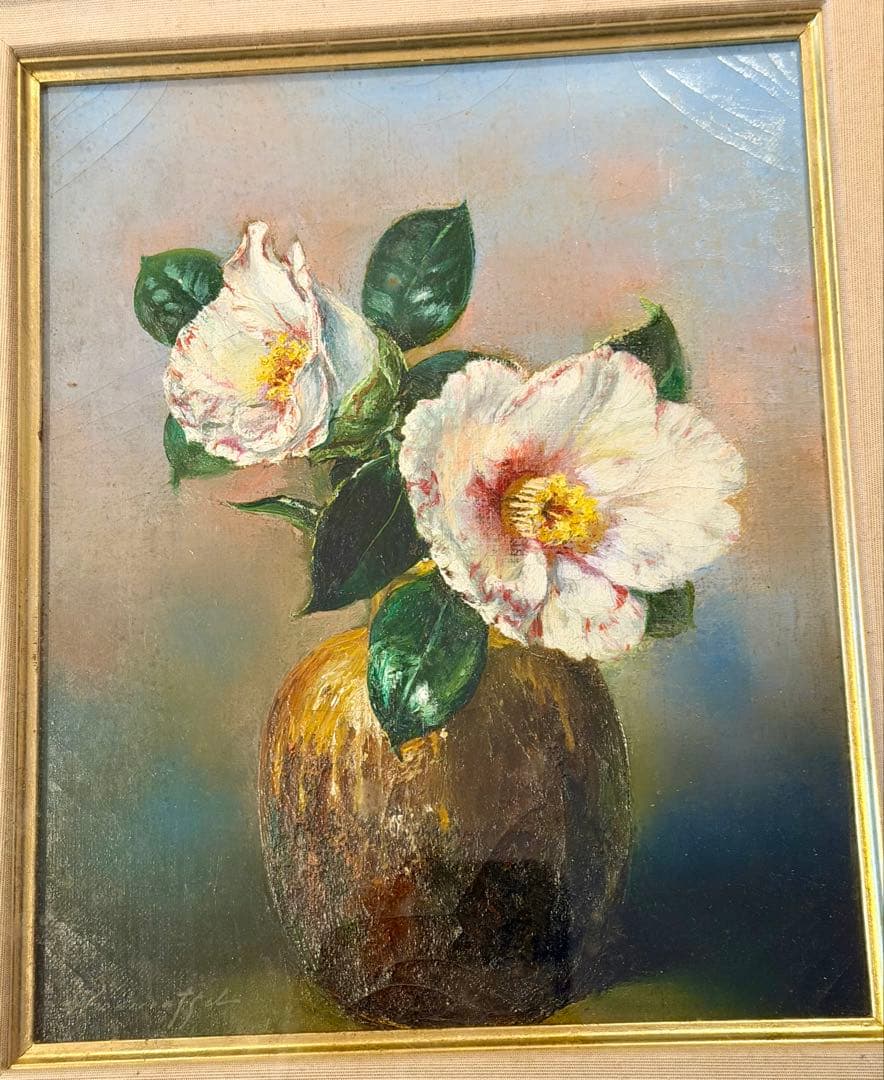 赤松克巳「備前の椿」油彩画 额装 静物花卉作品 #104