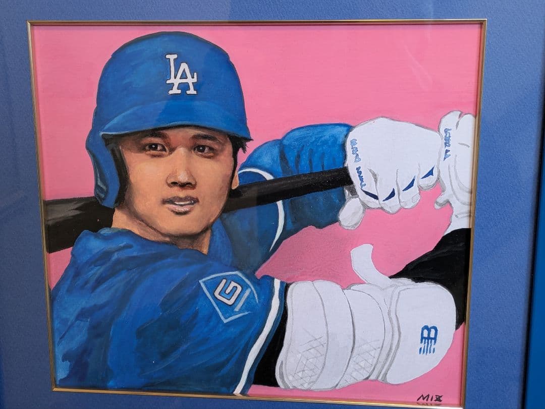 【真　作】大谷翔平選手、水彩画、色紙、サイン「MIZ」有、額・箱付
