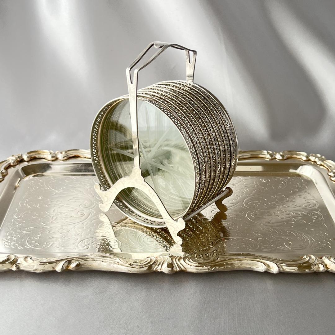 【Webster】ワイングラスコースター 8枚【純銀/ガラス】 ホルダー